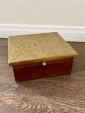 Decorative Gold and Brown Wooden Jewelry Box 7/7 inches 3 “ tall